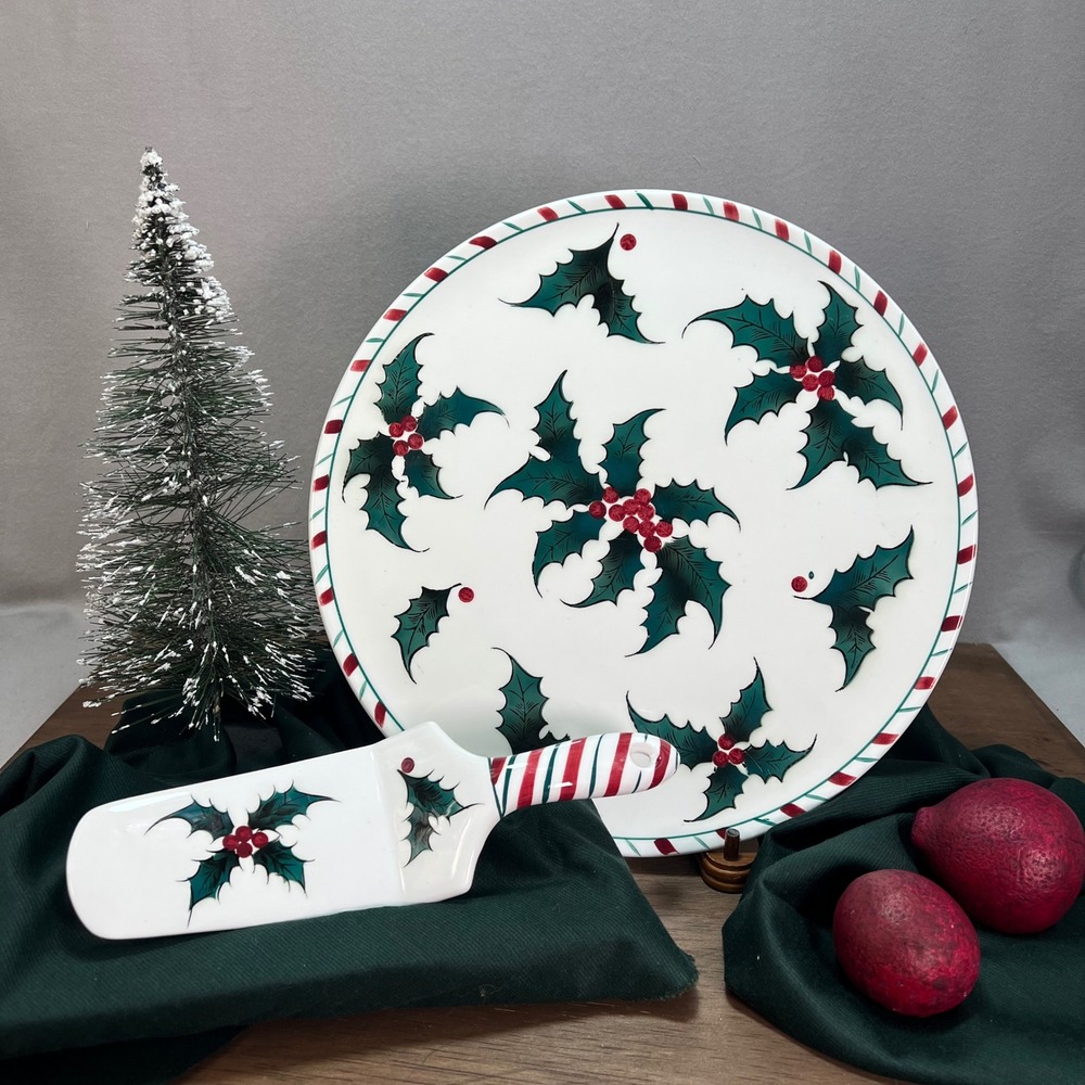 Lefton Holly Candy Cane 12" Large Cake‎ Plate & Server 735 Set Vintage Christmas